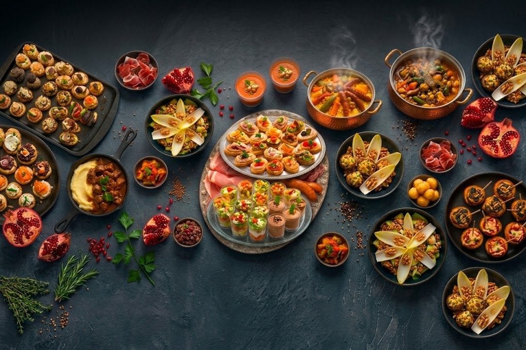 Un buffet traiteur vu de dessus : bouchées apéritives, verrines, tapenades, plats mijotés en cocotte de cuivre et herbes fraîches