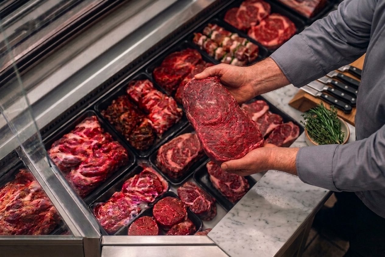 Un boucher présente une pièce de bœuf au-dessus d'un comptoir réfrigéré garni de viandes et de brochettes