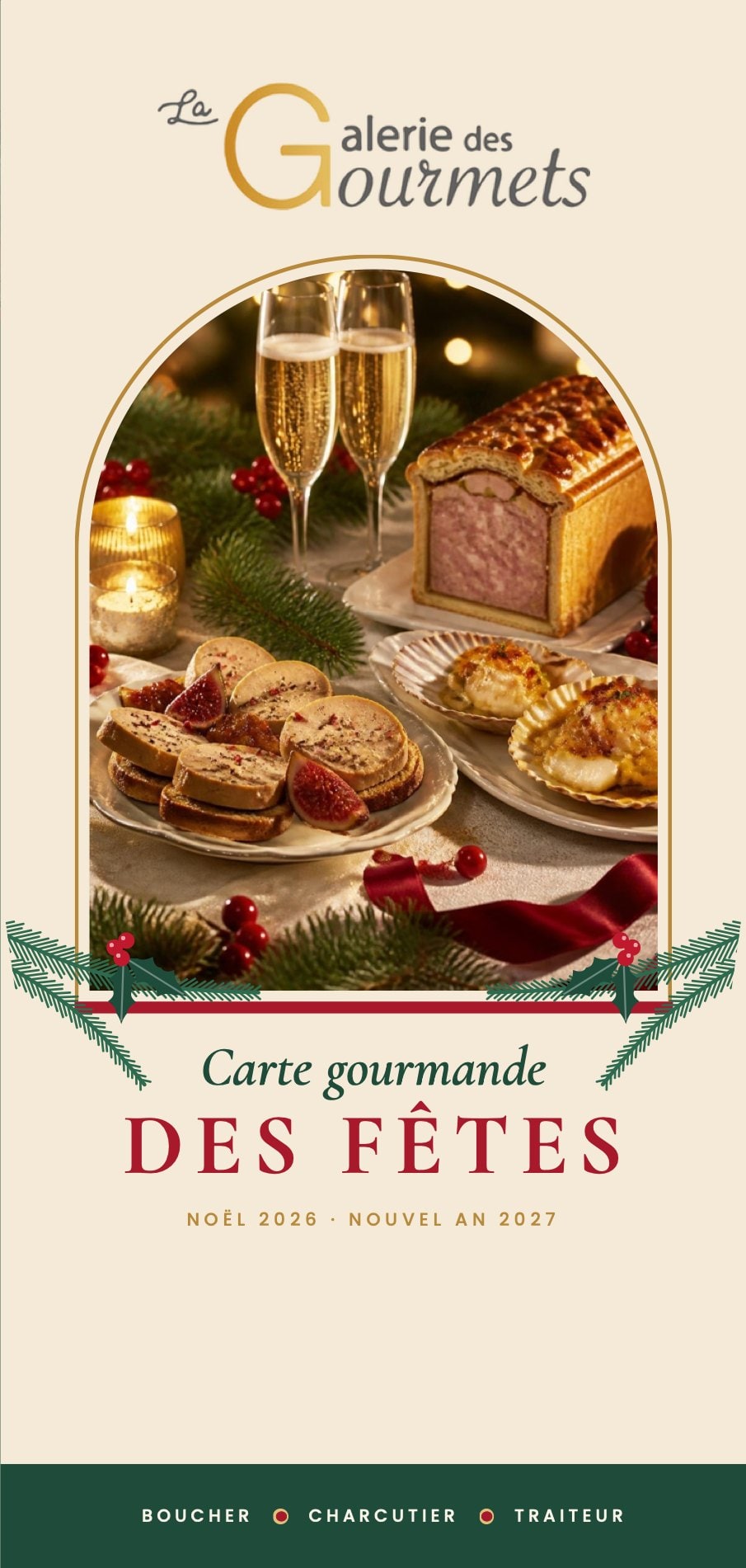 Couverture de la carte des fêtes 2026 : table de fête illustrée, « Carte gourmande des fêtes »