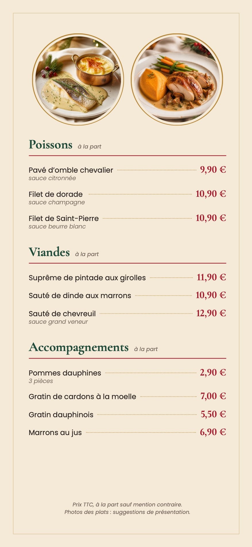 La carte gourmande : poissons, viandes et accompagnements